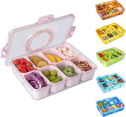 Divided Snack Serving Tray with Lid and Handle Travel Snackle Charcuterie Container Portable Storage Organizer for Candy, Fruits, Nuts, Snacks
