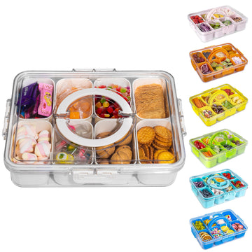 WACOI Divided Snack Serving Tray with Lid and Handle travel Snackle Box Charcuterie Container Portable Storage Organizer for Candy, Fruits, Nuts