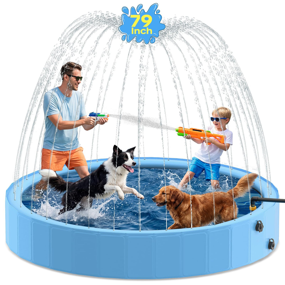 79'' Dog Pool with Sprinkler, Foldable Dog Pools for Large Dogs, 2-in-1 Non-Slip Swimming Pool for Dogs & Kids, Heavy Duty Hard Plastic Pet Bathing Tub for Outdoor Backyard, Blue