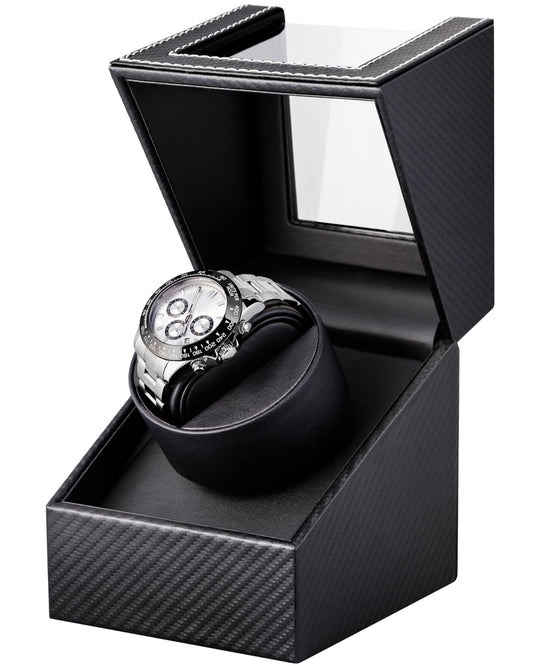 Watch Winder for Automatic Watches: Automatic Single Watch Winder Box with Japanese Quiet Motor, Rotating Watch Case in Black Carbon Fiber Leather, Gifts for Men & Collectors
