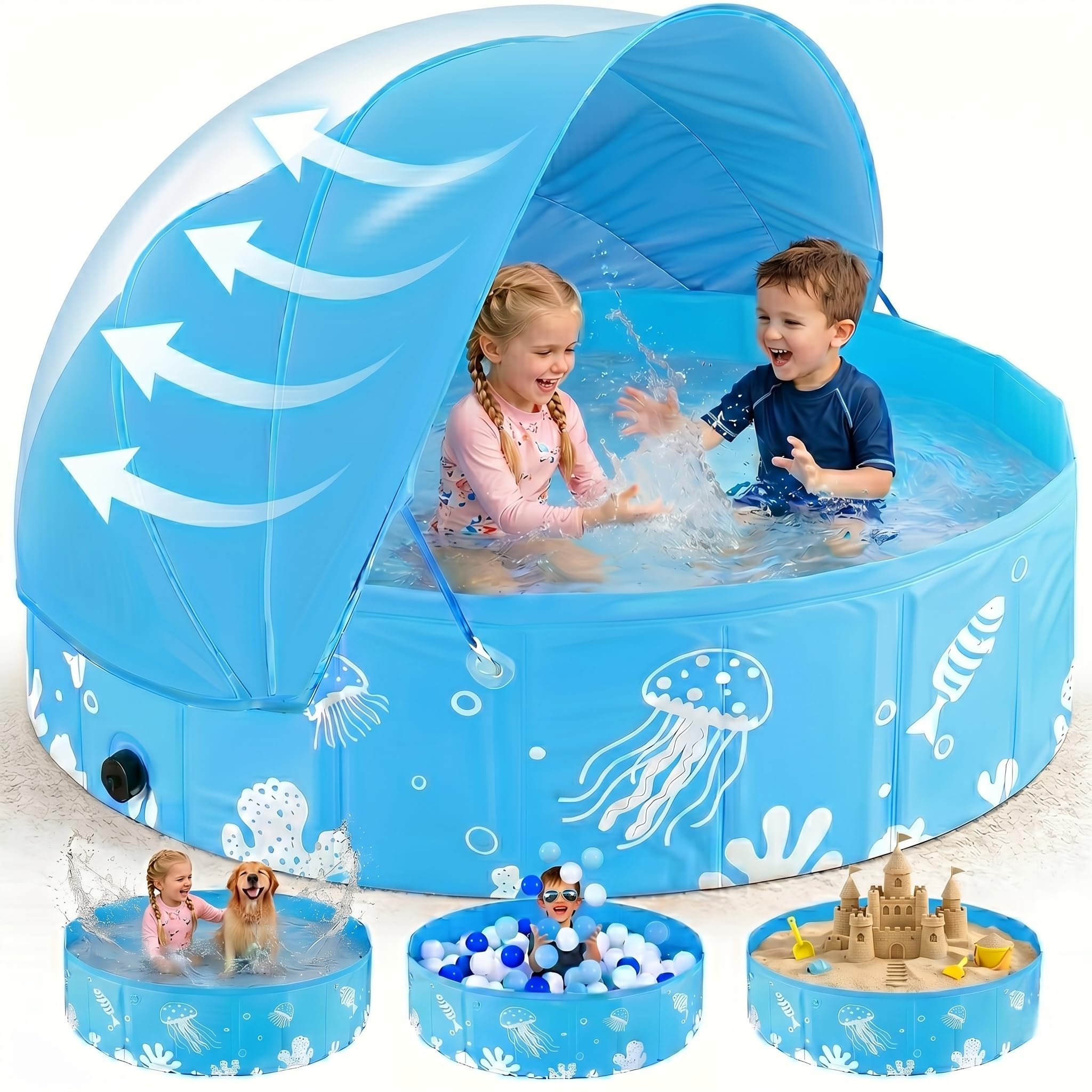 Foldable Kiddie Pool with Canopy UPF 50+, 47 Inch Non-Inflatable Swimming Kids Pool, Baby Pool for Toddler 1-3, Dog Pools for Backyard, Portable Water Play for Outdoor Backyard Beach, Blue