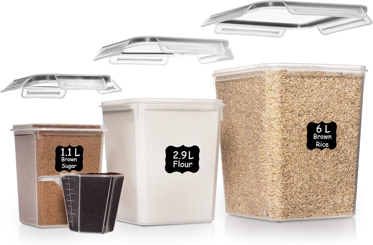 Shazo Flour Sugar Storage Containers Set of 3 (6L, 2.9L, 1.1L) Large Airtight Food Storage Containers with Lids, BPA-Free Plastic Container for Kitchen & Pantry Organizers, Cereal, Rice & Pasta