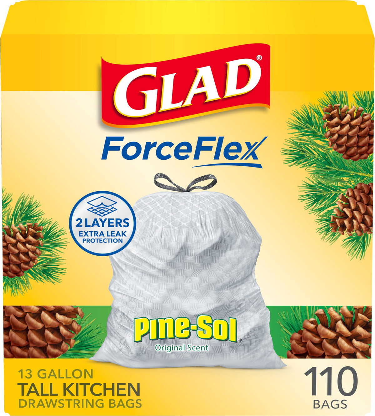 Glad ForceFlex Tall Kitchen Trash Bags, 13 Gallon, Pine-Sol Original, 110 Count (Package May Vary)