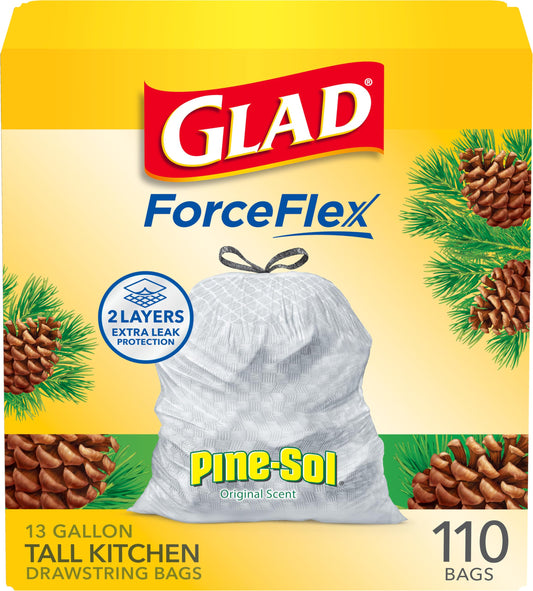 Glad ForceFlex Tall Kitchen Trash Bags, 13 Gallon, Pine-Sol Original, 110 Count (Package May Vary)