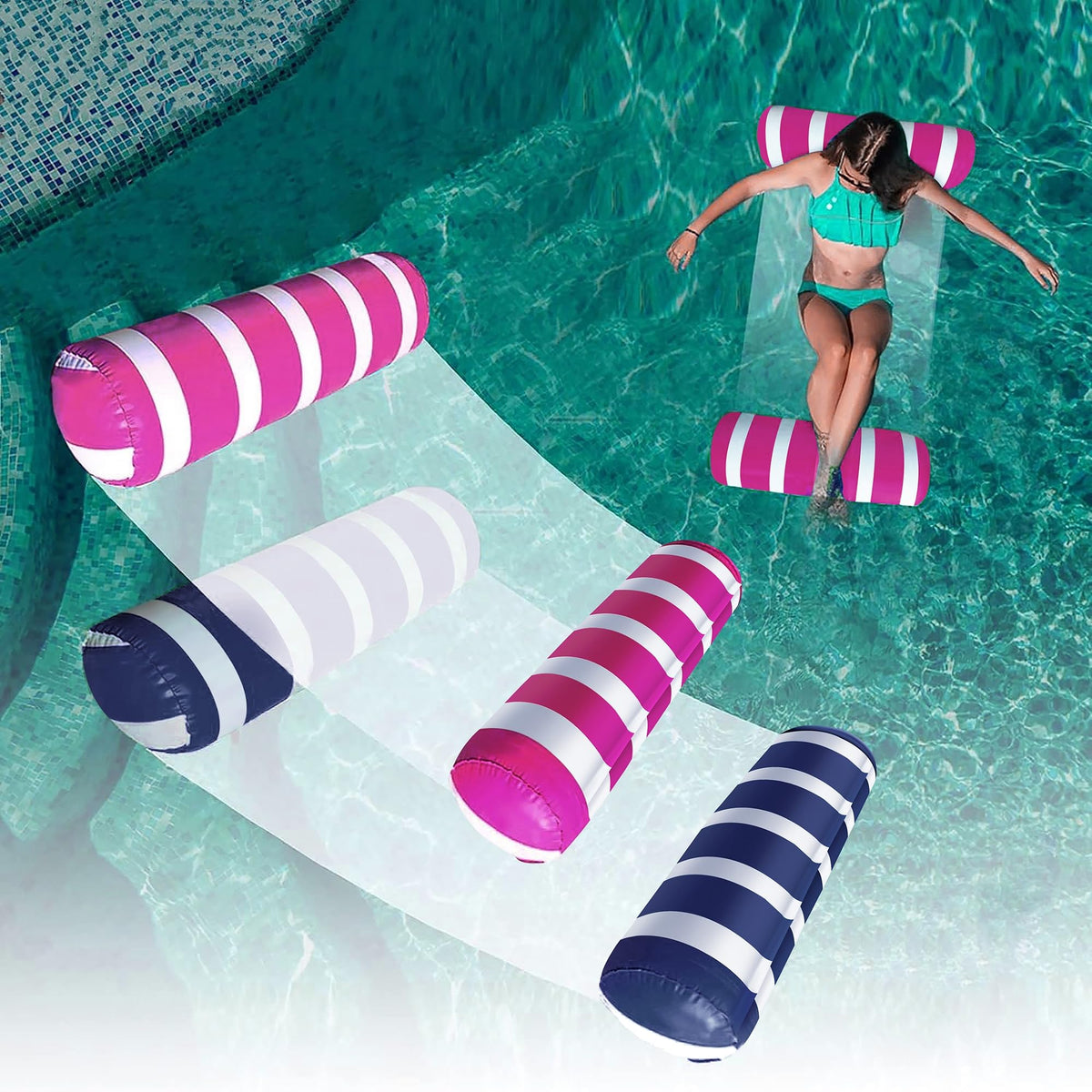 2-Pack Swimming Pool Float Hammock, Multi-Purpose Inflatable Hammock Pool Hammock (Saddle, Lounge Chair, Hammock, Drifter), Water Hammock Lounge