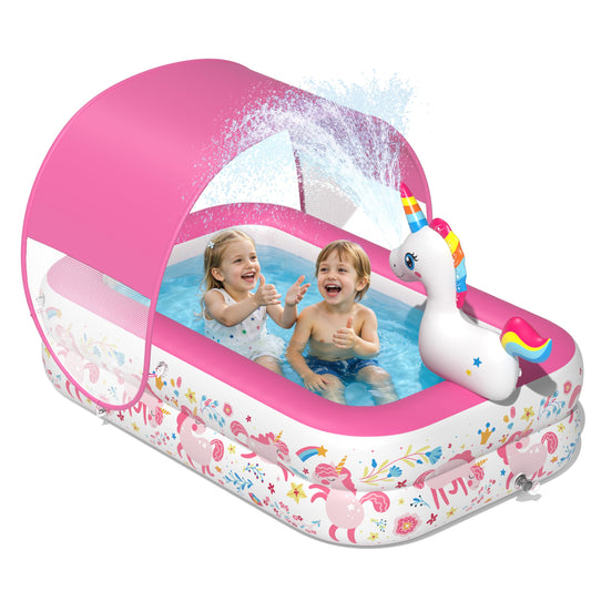 JOSEN Unicorn Kiddie Pool with Canopy and Sprinkler, Inflatable Baby Pool with Soft Cushioned Floor, Portable Toddler Pool Ball Pit for Backyard, Outdoor/Indoor Play Toys Girls Birthday Gift(Pink)