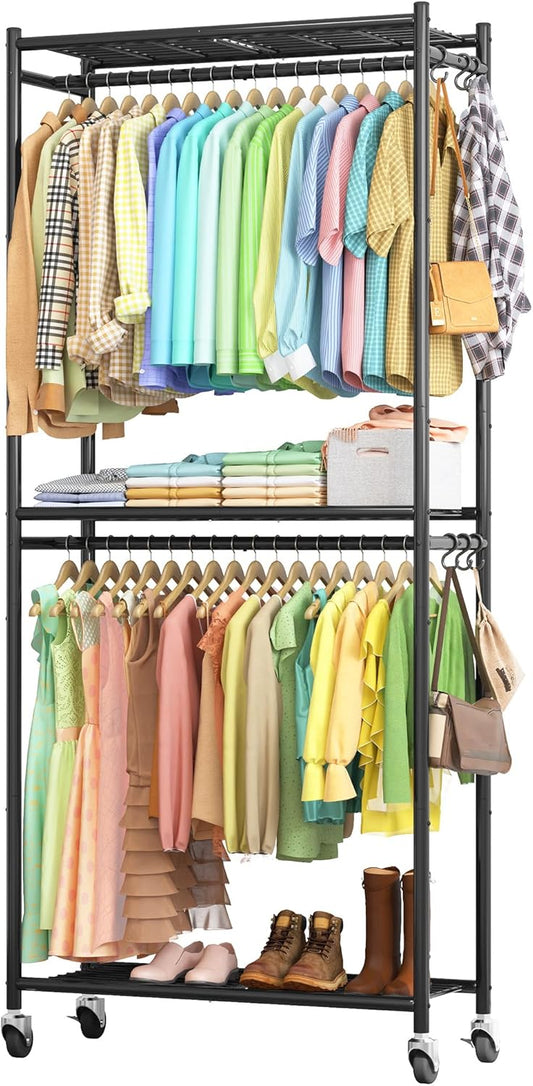 Clothes Rack - 33.0" x 12.2" x 79.5" Clothing Rack with Shelves & Wheels, Multi-Functional Wardrobe Closet with Hooks, Sturdy Metal Garment Rack