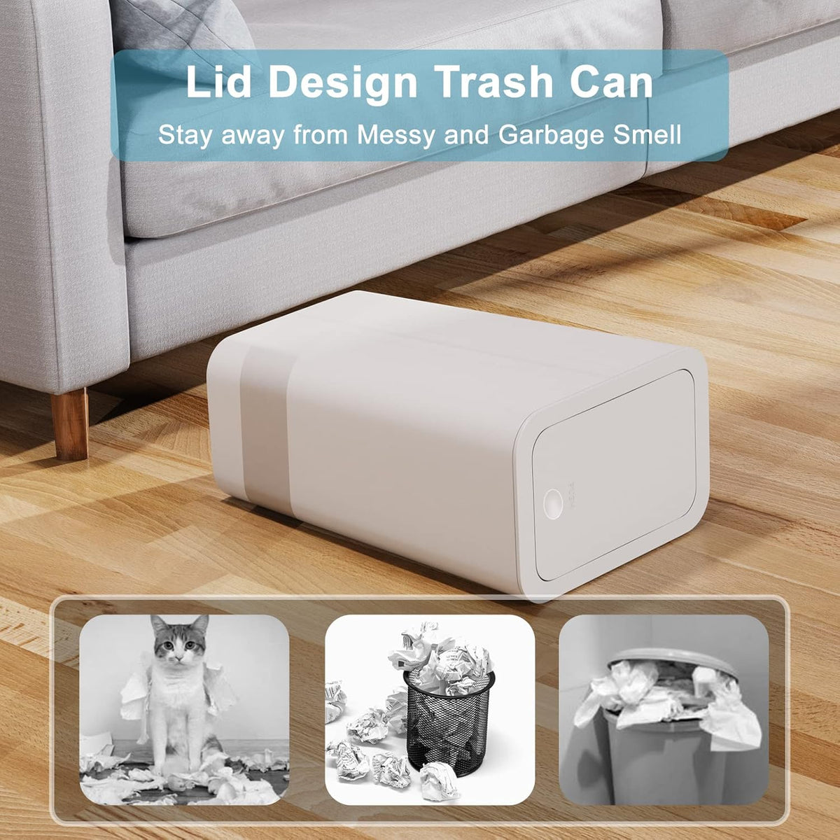 N. NETDOT 3 Pack 10L / 2.6 Gallon Small Trash Can with Lid, Bathroom Garbage Can with Pop-Up Lid, Waste Basket for Bathroom, Kitchen, Bedroom, Powder Room, Craft Room, Office, College (Off White)