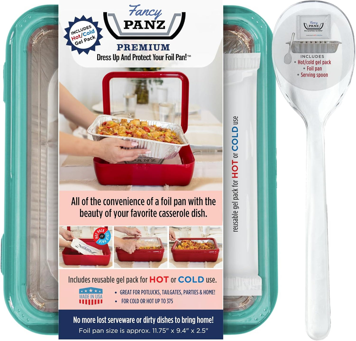 Fancy Panz - Aqua Premium Aluminum Foil Pan Carrier with Lid & Hot/Cold Pack - Elevated Food Serving Tray - Portable Casserole Carrier with Lid