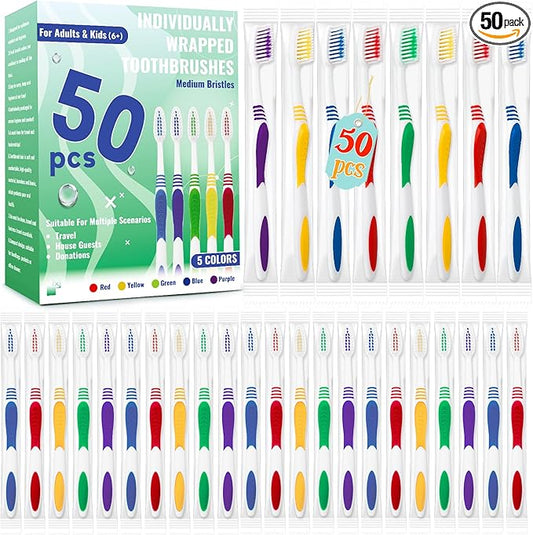 Comdian 50 Pcs Toothbrush Bulk Disposable, Travel Toothbrushes Pack, Soft Bristle Individually Wrapped and Good Cleaning for Kids, Adult and The Elderly. Suitable for Hotel, Travel, Home, Donated