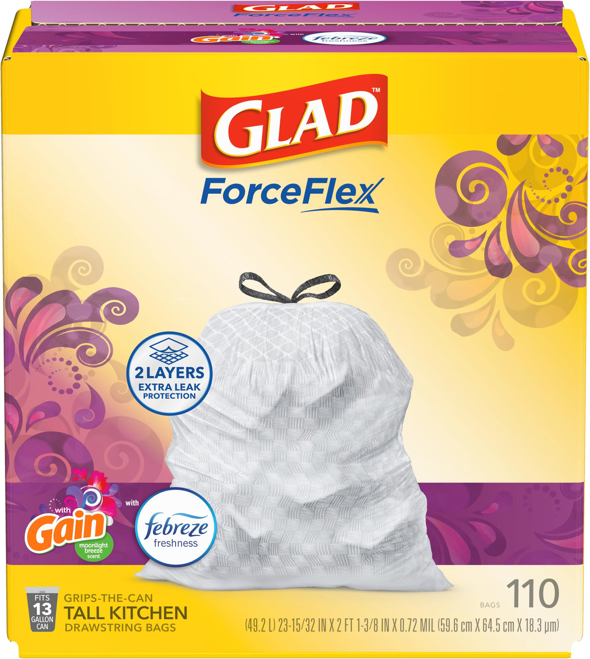 Glad ForceFlex Tall Kitchen Trash Bags, 13 Gallon, Gain Moonlight Breeze, 110 Ct (Package May Vary)