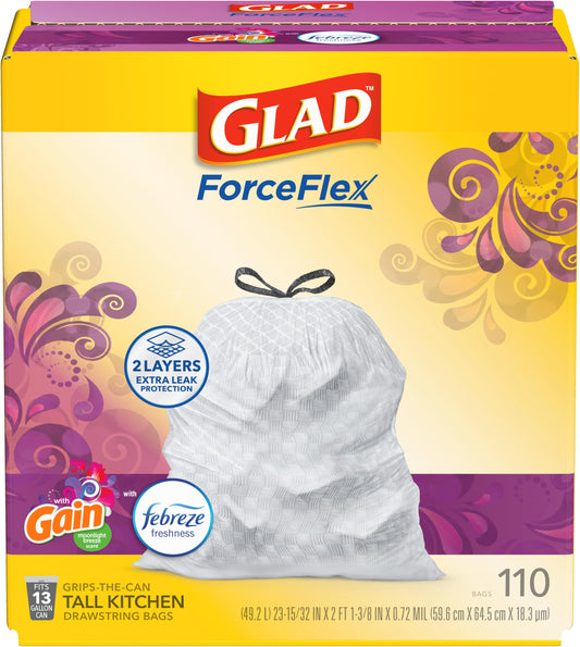 Glad ForceFlex Tall Kitchen Trash Bags, 13 Gallon, Gain Moonlight Breeze, 110 Ct (Package May Vary)