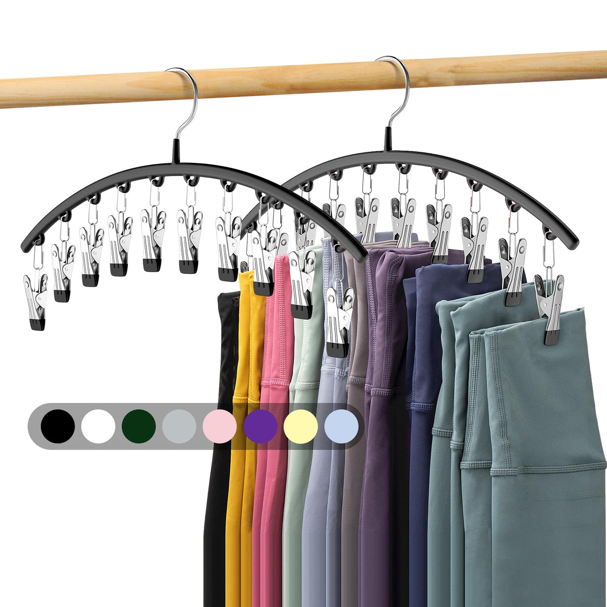 Legging Organizer for Closet, Metal Yoga Pants Hangers 2 Pack w/10 Clips Holds 20 Leggings, Space Saving Hanging Closet Organizer w/Rubber Coated Closet Organizers and Storage, Black