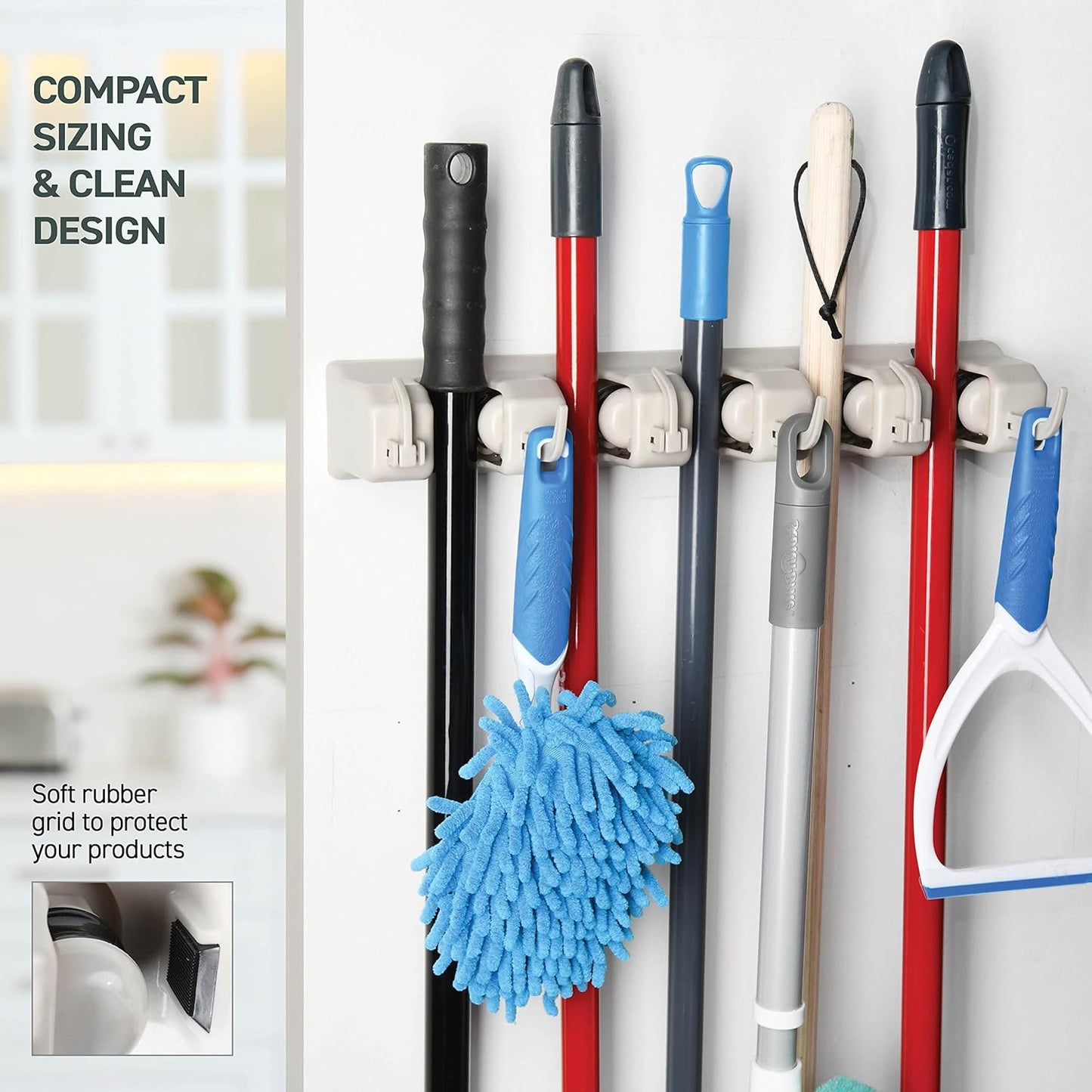 HOME IT Mop And Broom Holder Wall Mount - Garage Storage Systems with 5 Slots, 6 Hooks, 7.5lbs Capacity Per Slot - Garden Tool Organizer For Home, Kitchen, Closet, Garage, Laundry Room - Off-White