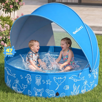 Foldable Kiddie Pool with Canopy, 47in Kids Pool with Detachable UPF 50+ Sunshade, Portable Non-Slip Swimming Pool Dog Pool for Backyard, Beach