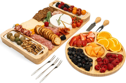 Charcuterie Boards Gift Set - Large Bamboo Cheese Board with Serving Tray, Knives and Bowls for Meat, Cheese and Crackers, for Mom, Housewarming, Wedding, Birthday Gifts for Women