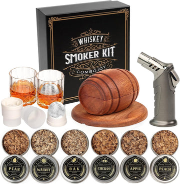 Whiskey Smoker Kit with Torch - 6 Flavors Wood Chips, 2 Glasses, 2 Ice Ball Molds - Cocktail Smoker Infuser Kit, Old Fashioned Drink Smoker Kit