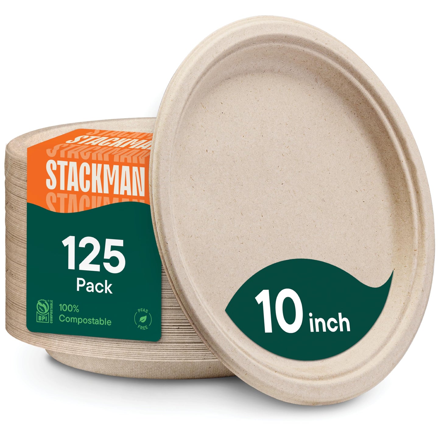 Paper Plates, 100% Compostable Heavy Duty Disposable 10 Inch Plate - [125-Pack] Eco-Friendly, Biodegradable Bagasse - (PFAS-Free) - (BPI Certified)