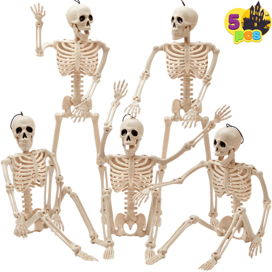 JOYIN 5 PCS Posable Halloween Skeleton Decor 16 Inches, Full Body Posable Joints Hanging Skeletons for Halloween Decorations, Graveyard Props