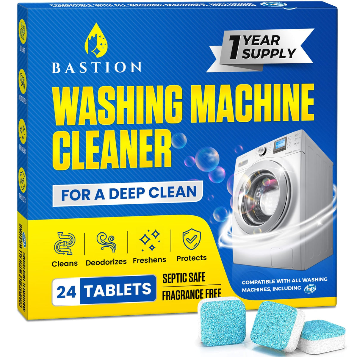 Washing Machine Cleaner Tablets 24 pack Powerful Descaler -Deep Cleaning for HE Front Loader & Top Load Washer Septic Safe Eco-Friendly Deodorizer Clean Drum & Laundry Tub Seal- Year's Supply