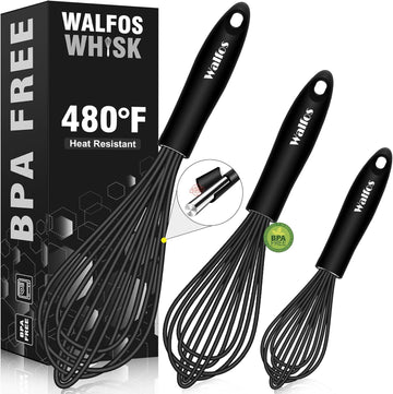 Walfos Silicone Whisk, Stainless Steel Wire Whisk Set of 3 -Heat Resistant 480°F Kitchen Whisks for Non-stick Cookware