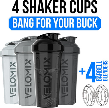 VELOMIX -4 Pack- 28 oz Protein Shaker Bottles for Protein Mixes - 4x Wire Whisk| Leak Proof Shaker Cups