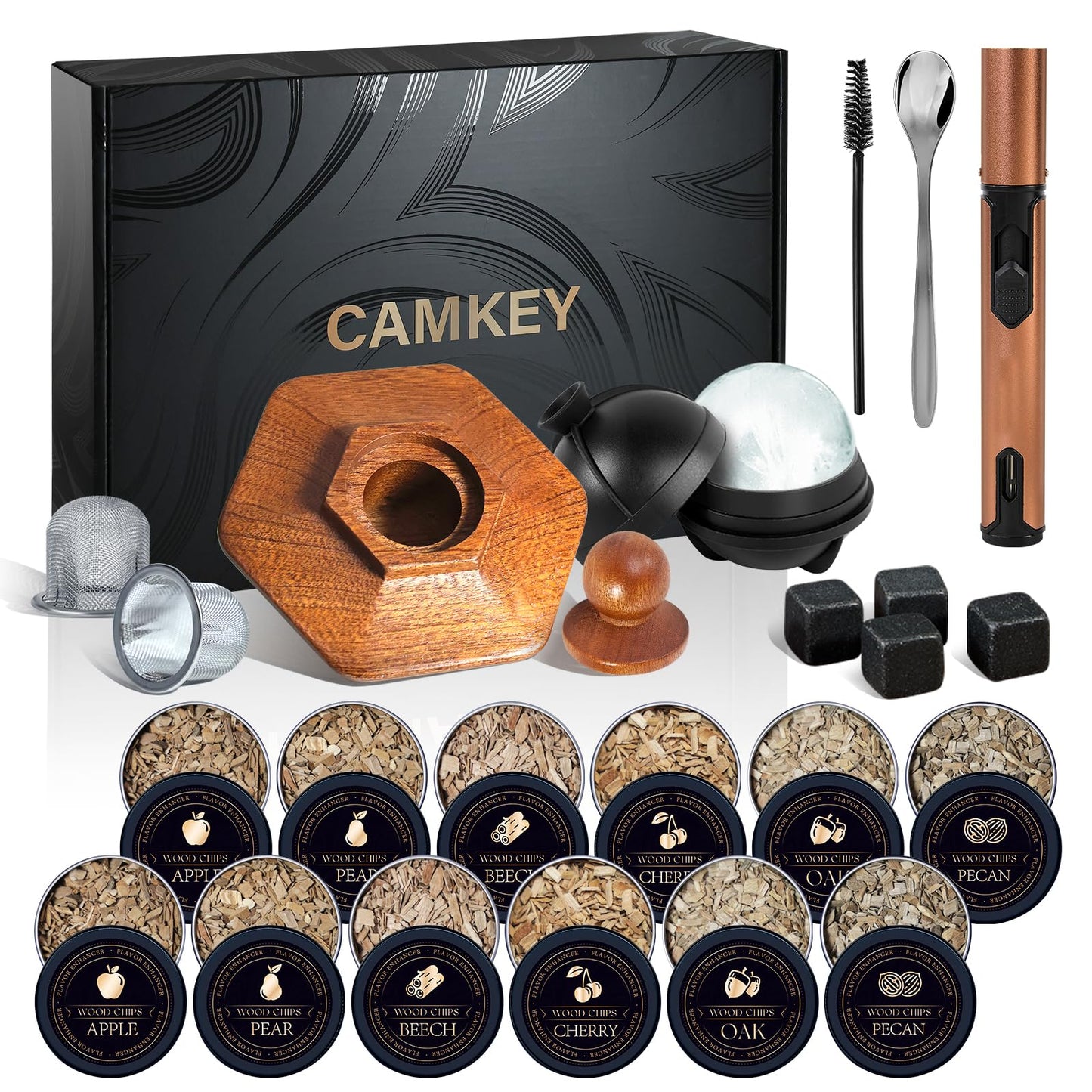 23Pcs Whiskey Smoker Kit with Torch-12 Wood Chips, Ice Ball Mold, Cocktail Smoker Infuser Kit, Old Fashioned Drink Smoker Kit, Birthday Bourbon Whiskey Gifts for Men,Dad,Him, Valentine's Day Gifts