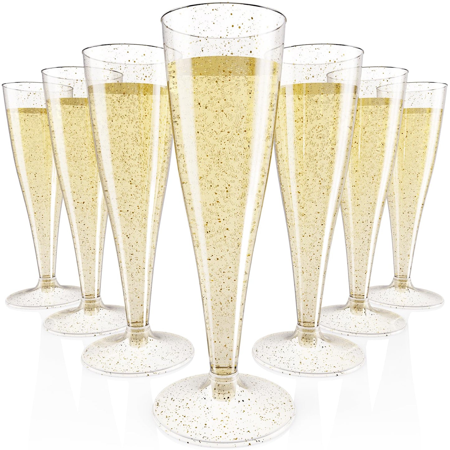 JOLLY CHEF 100 Pack Plastic Champagne Flutes Disposable 4.5 oz Gold Glitter Plastic Champagne Glasses for Wedding, Thanksgiving Day, Christmas