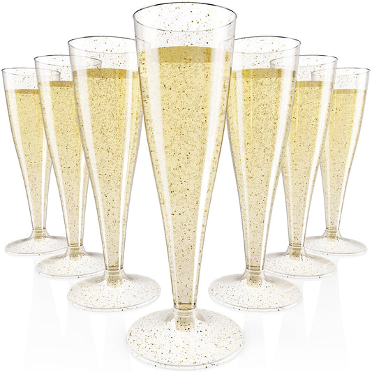 JOLLY CHEF 100 Pack Plastic Champagne Flutes Disposable 4.5 oz Gold Glitter Plastic Champagne Glasses for Wedding, Thanksgiving Day, Christmas