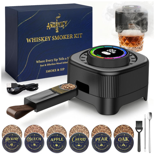 Electric Whiskey Smoker Kit with 0-60s Adjustable Timer, No Butane Needed, Cocktail Bourbon Drink Smoker Infuser Kit Smoke Whisky Set with 6 Wood Chips Flavors, Birthday Gifts for Men, Dad, Husband