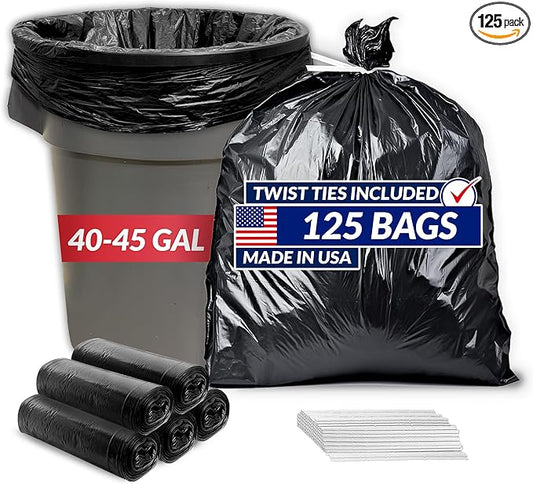 Reli. 40 to 45 Gallon Trash Bags Heavy Duty | 125 Count with Ties | Super Sizeable, Black, Serious Garbage Cleanup