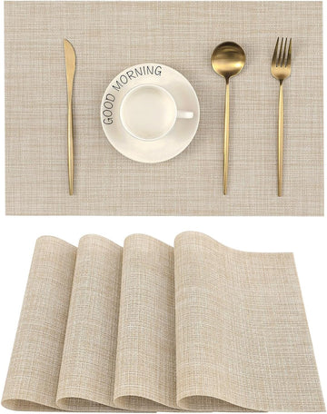 Leetaltree Beige Placemats Set of 4 - Heat Resistant Non-Slip Place mats for Dining Table, Washable Durable PVC Vinyl Woven Table Mats(Beige, 4)