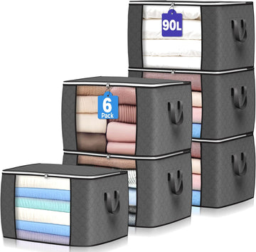 90 L Large Storage Bags, 6 Pack Clothes Storage Bins Foldable Closet Organizers Storage Containers with Reinforced Handle for Clothing, Blanket