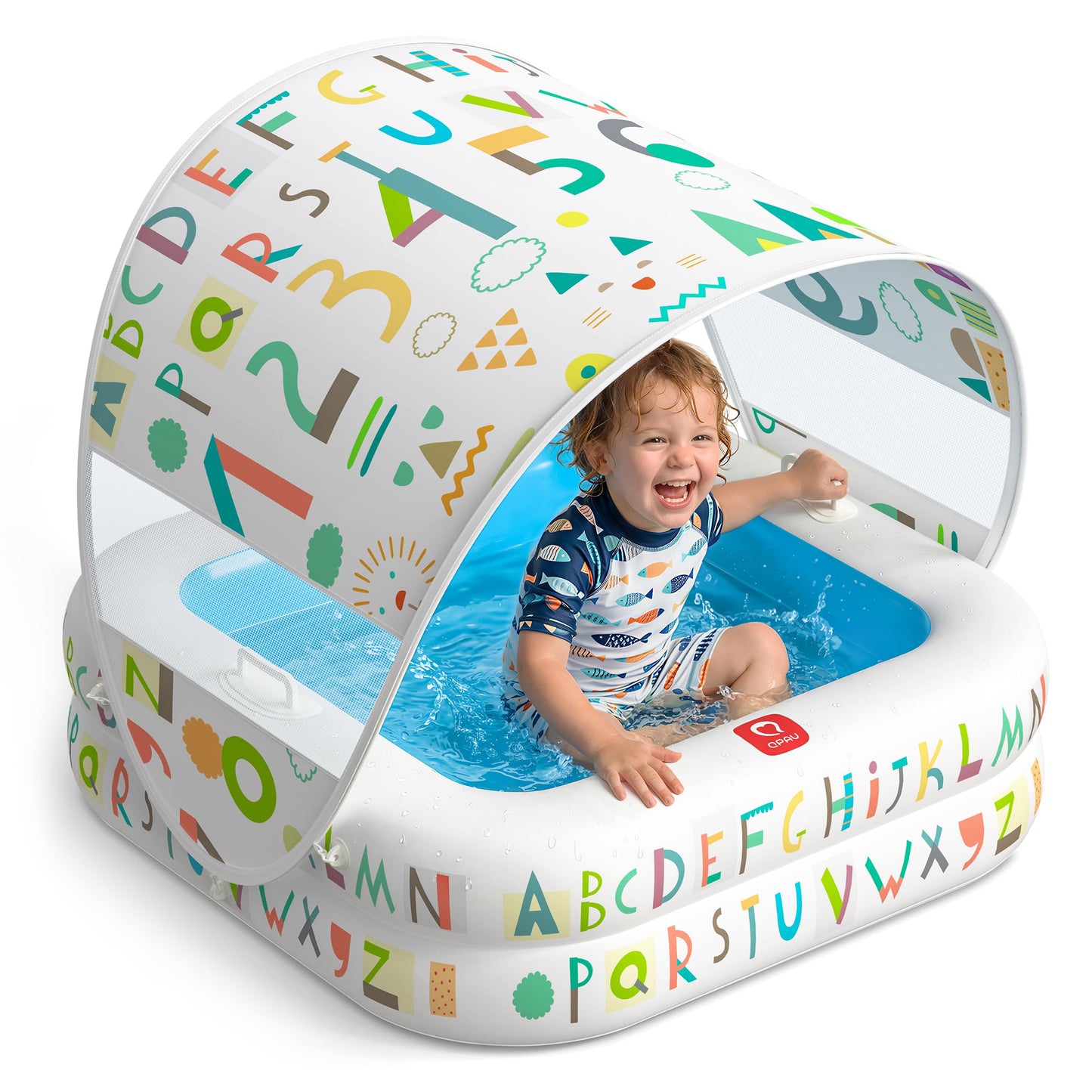 QPAU Baby Pool with Detachable Canopy for Sun Protection, 35" x 10" Portable Inflatable Kids Pool with Padded Bottom, Kiddie Pool & Ball Pit with Handles for Backyard and Indoor, Ages 1-3 (Blue)