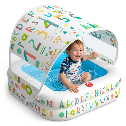 QPAU Baby Pool with Detachable Canopy for Sun Protection, 35" x 10" Portable Inflatable Kids Pool with Padded Bottom, Kiddie Pool & Ball Pit with Handles for Backyard and Indoor, Ages 1-3 (Blue)