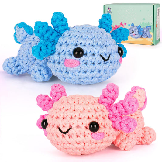 Crochetta Crochet Kit for Beginners, Beginner Crochet Starter Kit w Step-by-Step Video Tutorials, Learn to Crochet Kits for Adults Women Men, DIY Knitting Supplies, Axolotls (Blue and Pink)