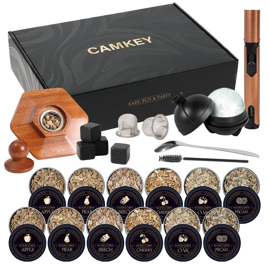 23Pcs Whiskey Cocktail Smoker Kit with Torch, 6 Flavors 12 Packs Wood Chips, Ice Ball Mold, Old Fashioned Drink Smoker, Bourbon Whiskey Gifts for Men, Husband, Dad, Him (No Butane)