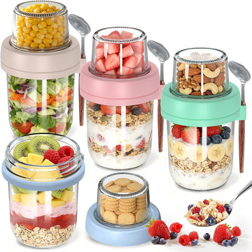 4 Pack Overnight Oats Containers with Lids and Spoons, 20 oz (16+4) Overnight Oats Jars with Dry and Wet Separation