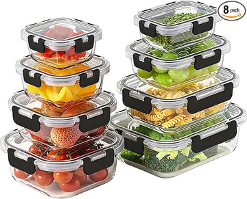8 Pack Borosilicate Glass Food Storage Containers with Lids, Glass Meal Prep Containers, Airtight Bento Lunch Boxes with Snap Locks, Oven