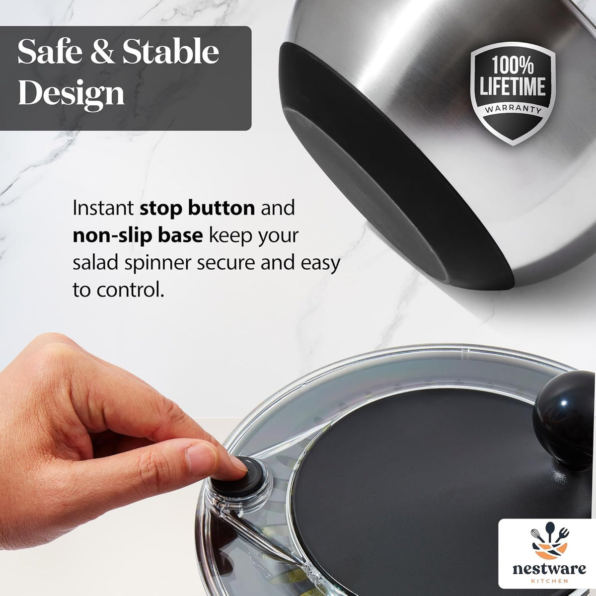 Nestware Kitchen Stainless Steel Salad Spinner, Lettuce, Vegetable & Fruit Dryer, 5L Capacity, Non-Slip Base (304 Stainless Steel - Black)