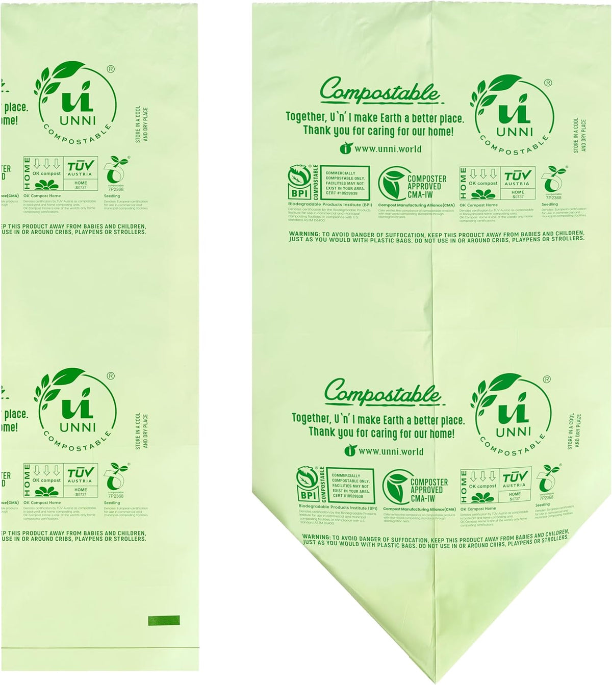 UNNI Compostable Trash Bags, 2.6 Gallon / 9.84 Liter, 100 Count, Extra Thick 0.71 Mil Small Kitchen Food Scrap Bin Liners, Certified by BPI, CMA & OK compost HOME, Meets the ASTM D6400 Standard