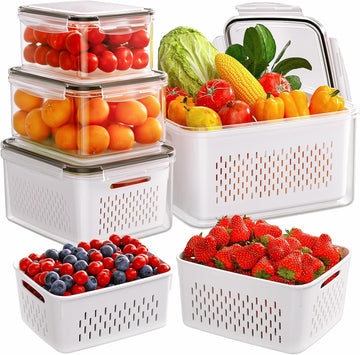 5-Pack Fruit Storage Containers for Fridge with Removable Colanders, 4 in 1 Produce Storage Containers with Lids, Leakproof Fridge Organizer Bins