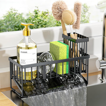 Cisily Sink Caddy Sponge Holder for Kitchen with Brush Holder and Stainless Steel Self Drain Tray, Rustproof Kitchen Sink Organizer for Sponge
