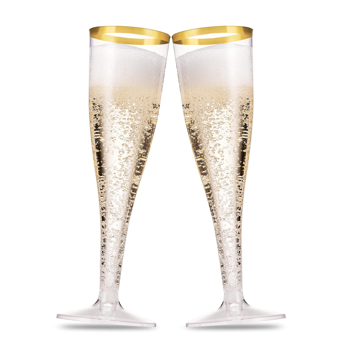 Munfix 100 Pack Gold Plastic Champagne Flutes, 5 Oz Clear Plastic Toasting Glasses Fancy Disposable Wedding Party Cocktail Cups with Gold Rim