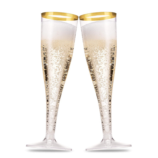Munfix 100 Pack Gold Plastic Champagne Flutes, 5 Oz Clear Plastic Toasting Glasses Fancy Disposable Wedding Party Cocktail Cups with Gold Rim