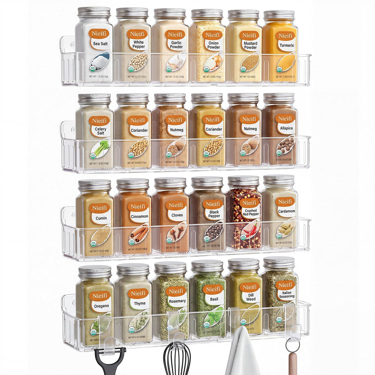 Nieifi Spice Rack Wall Mount, 4 Pack Clear, 2" Depth, Screw/Adhesive