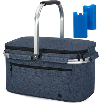 ALLCAMP Picnic Basket - 2 Ice Box Included 32L Insulated Cooler, Thickening Foldable Picnic Basket with Removable Baskets & Sewn-in Frame, Basket