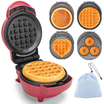 Baker's Friend 4 in 1 Mini Waffle Maker with Removable Plates, Set Includes Mini Pancake, Donut, Heart Shape Waffle Makers, Compact Size