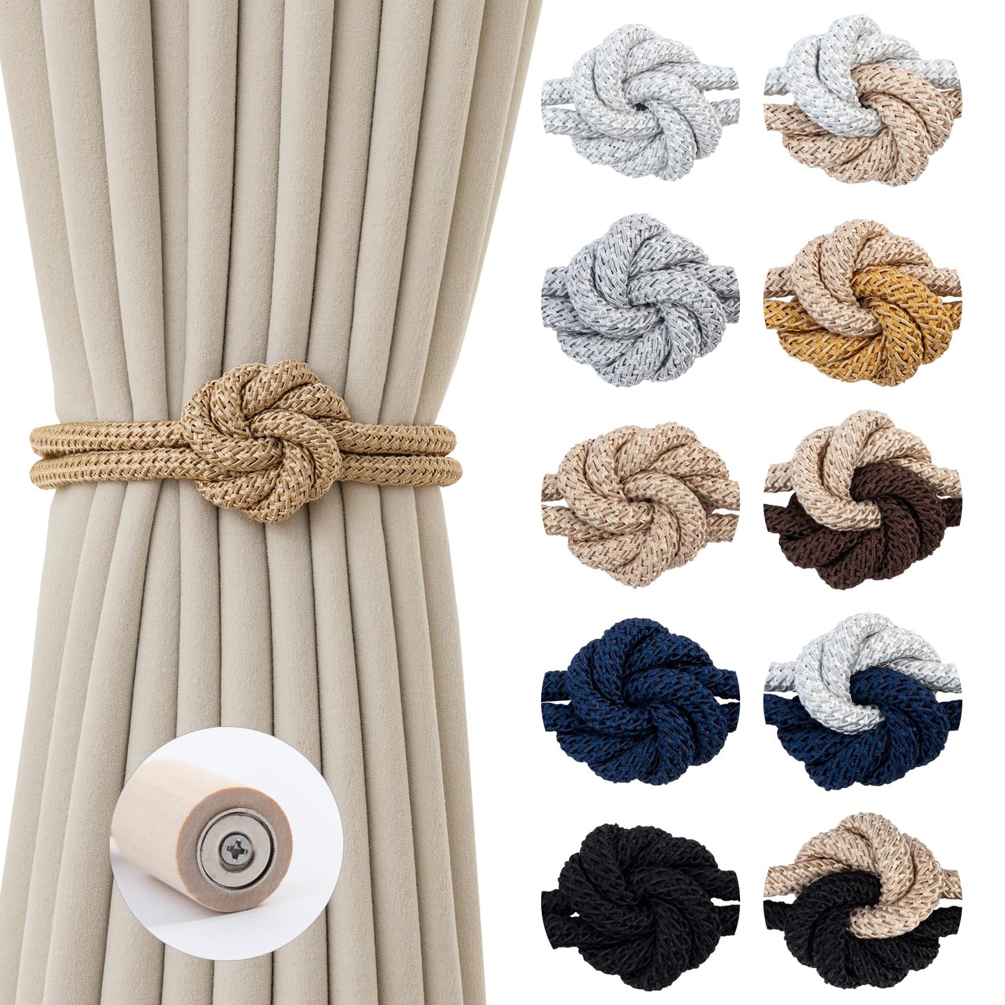 Magnetic Curtain Tiebacks Holdbacks - Wood Tie Backs Rope Holder with Floral Knot Design for No Drill Easy Install, Modern Boho Home Decor (2Pack, Beige)