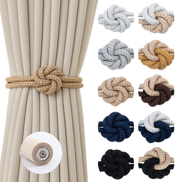 Magnetic Curtain Tiebacks Holdbacks - Wood Tie Backs Rope Holder with Floral Knot Design for No Drill Easy Install, Modern Boho Home Decor (2Pack